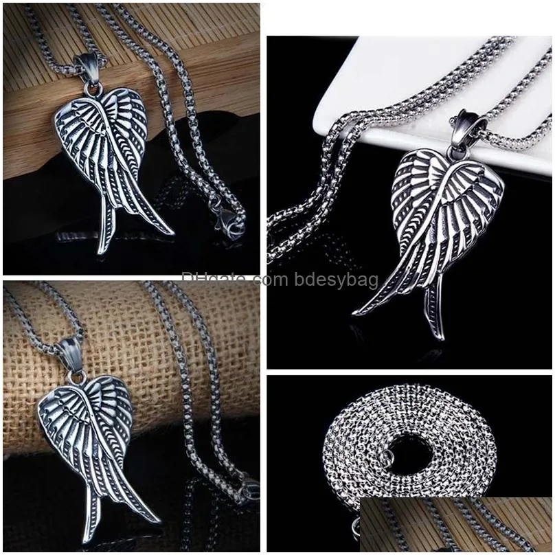 retro ancient silver angel wing necklace pendant stainless steel necklaces chain for women men street hip hop fine fashion jewelry
