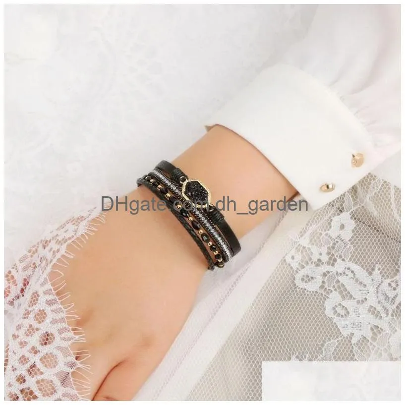 leather multi-layer wrap diamond bracelet women stainless steel magnetic buckle crystal bracelets bangle cuff jewelry