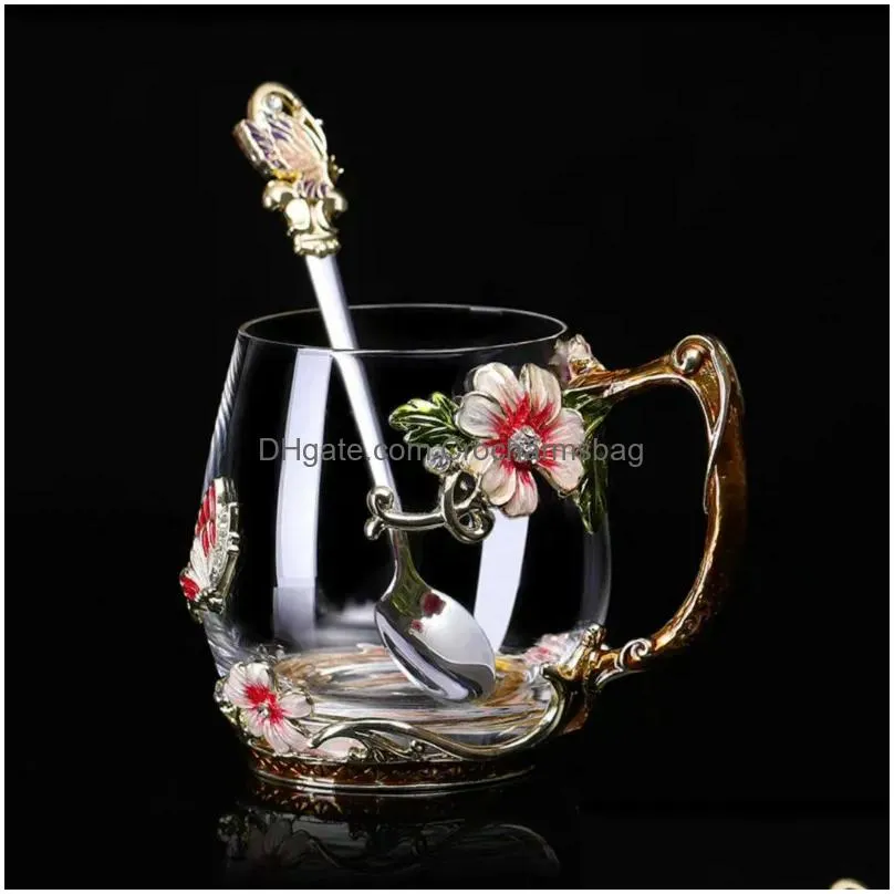 beauty and novelty enamel coffee cup mug flower tea glass s for and cold drinks spoon set perfect wedding gift 220311