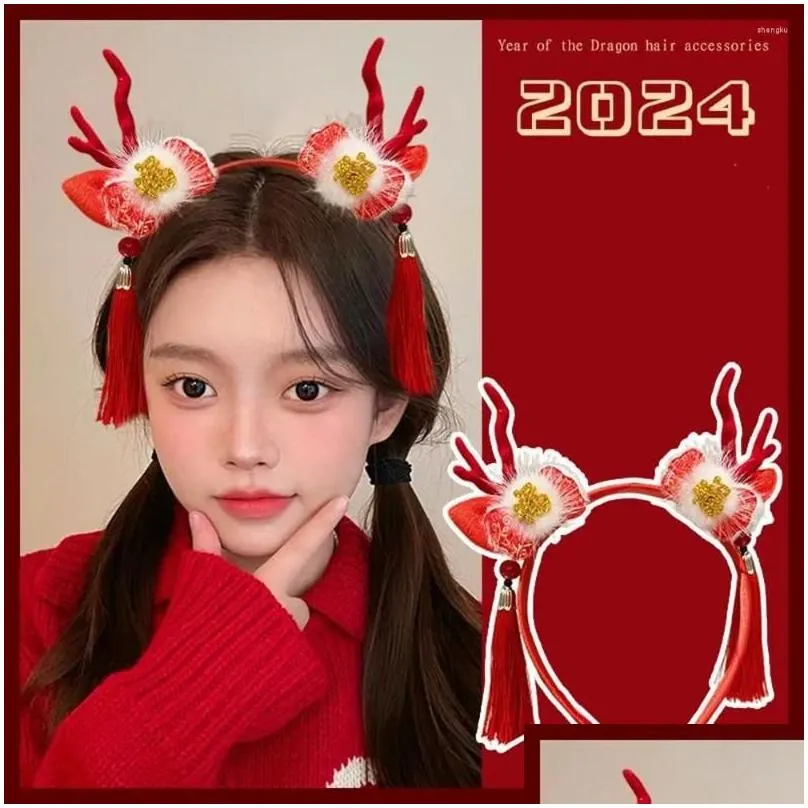 hair accessories dragon horn 2024 happy year headband tassel hairpin red bow chinese style hairband