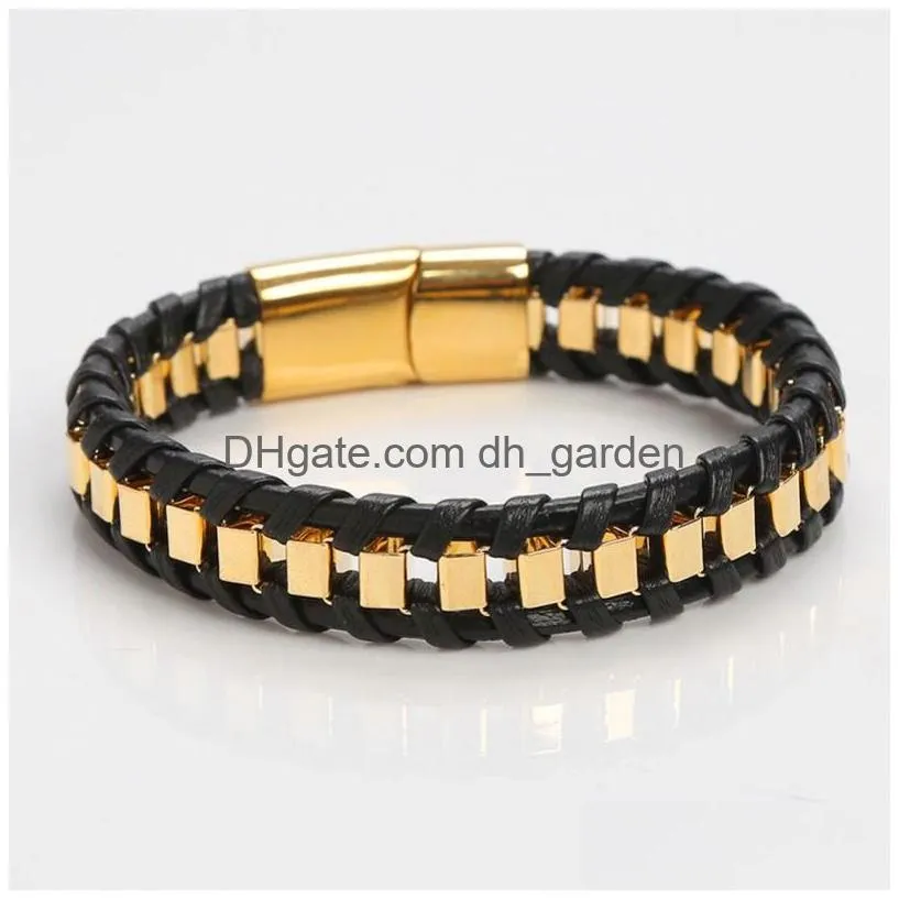 stainless steel bracelet for men leather magnetic buckle bracelets hiphop fashion jewelry