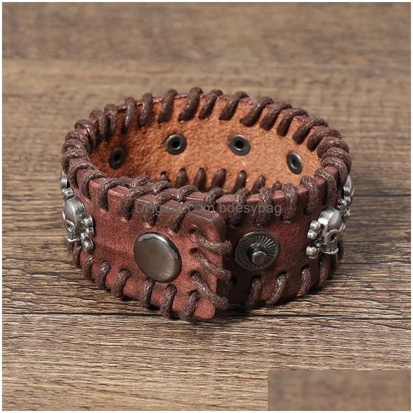retro  skull bracelets leather bangle cuff button adjustable multilayer wrap bracelet wristand for men women will and sandy fashion