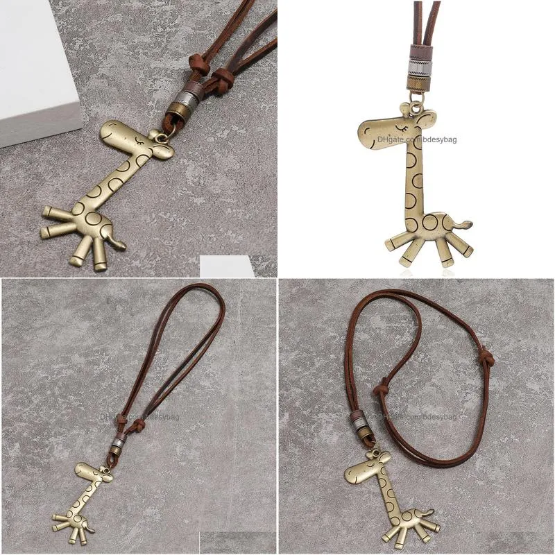 bronze animal giraffe necklace pendant adjustable chain leather necklaces for women men hip hop fashion jewelry gift