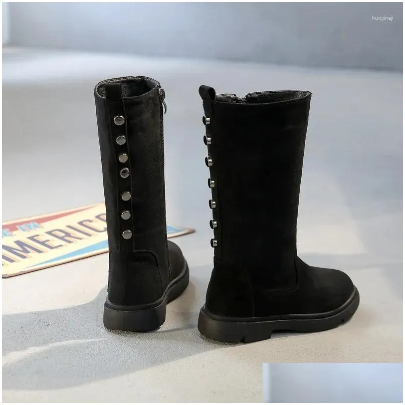 boots fashion rivet children`s winter shoes little big girl 2024 princess long warm snow suede leather high 3 4 8 12 years old