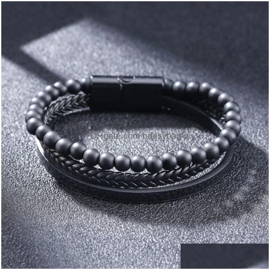 simple leather stone tiger eye beaded strand bracelet bangle cuff wristband braided multilayer wrap bracelets hip hop fashion jewelry