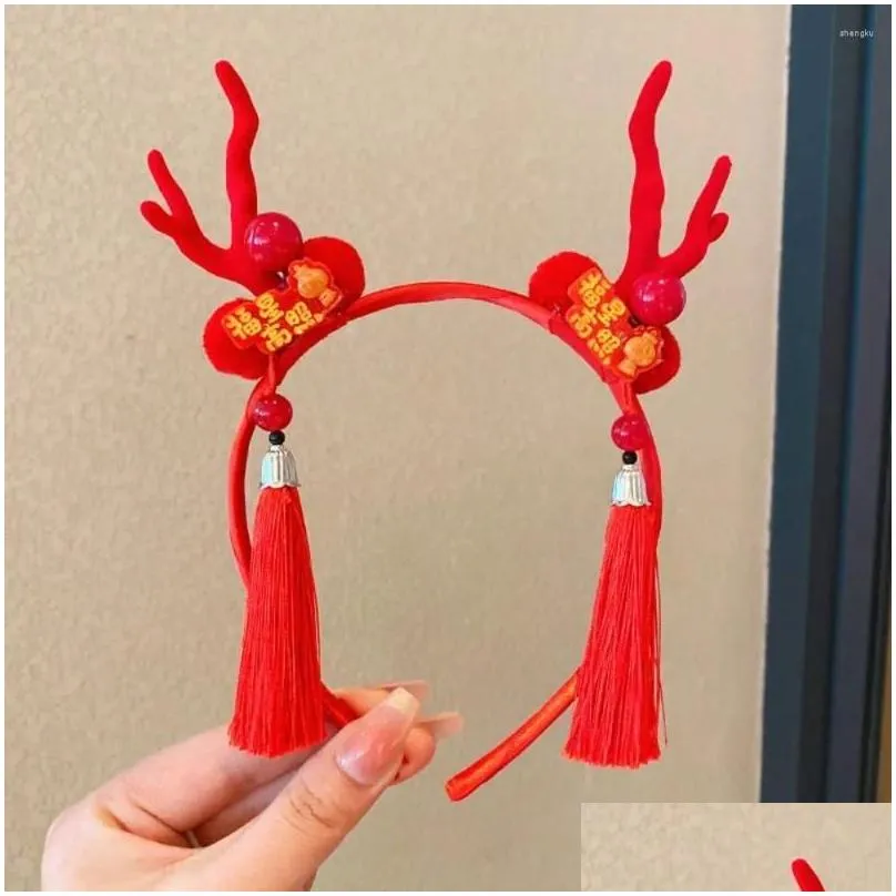 hair accessories dragon horn 2024 happy year headband tassel hairpin red bow chinese style hairband