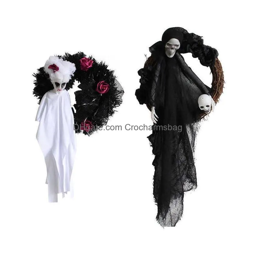 halloween black white ghost door hanging ghost festival horror party wreath ghost head ornaments haunted house decoration props q0179e