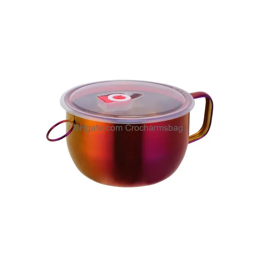  304stainless steel 5colors chinese instant noodle bowl with lid handle food container husehold utensils soup rice salad bowl