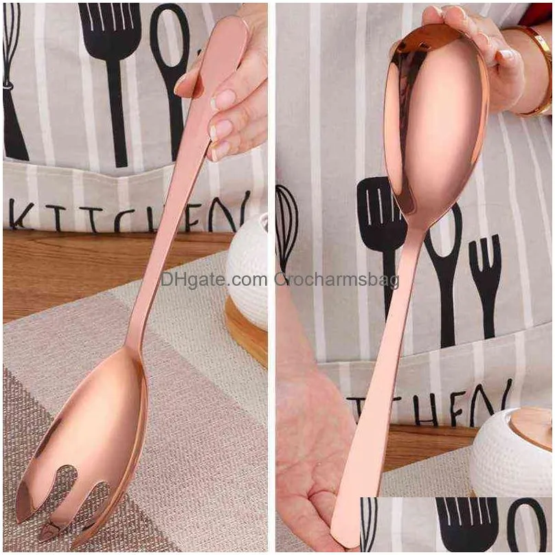 2pcs stainless steel large salad spoon fork set mixing cooking fruit salad spoon and salad fork kitchen restaurant tool 211112