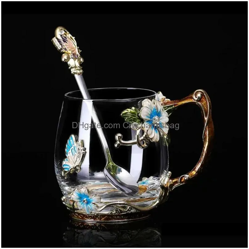 beauty and novelty enamel coffee cup mug flower tea glass s for and cold drinks spoon set perfect wedding gift 220311