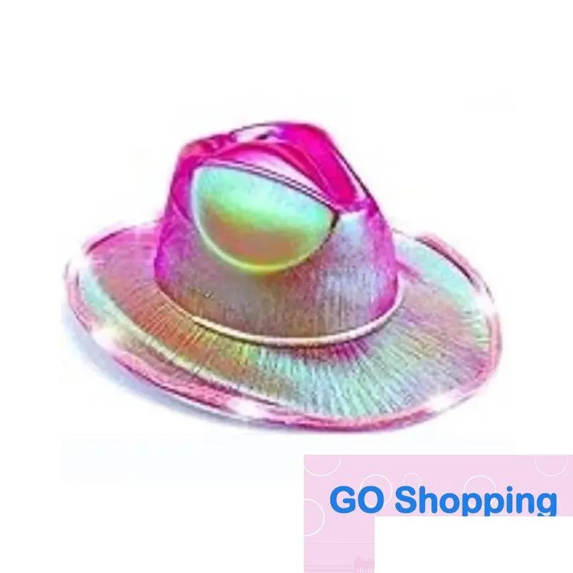 led white light up  neon cowgirl hat holographic rave fluorescent with adjustable windproof cord for halloween costum d m party