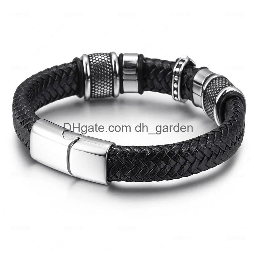 leather woven cross mens bracelet stainless steel button mens hip hop bracelets wristband bangle cuff fashion jewelry gift