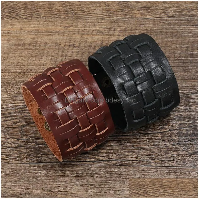 knit motorcycle wide cross leather bangle cuff multilayer wrap button adjustable bracelet wristand for men women fashion jewelry