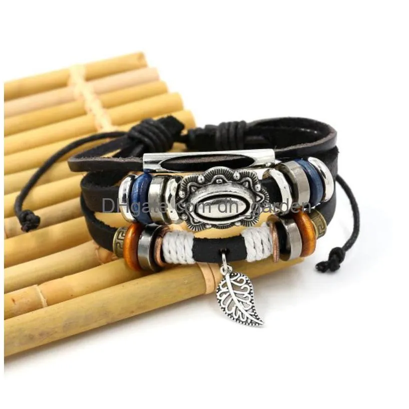 retro multilayer wrap leather bracelet leaf charm pull string adjustable bracelets bangle cuff for women men fashion jewelry