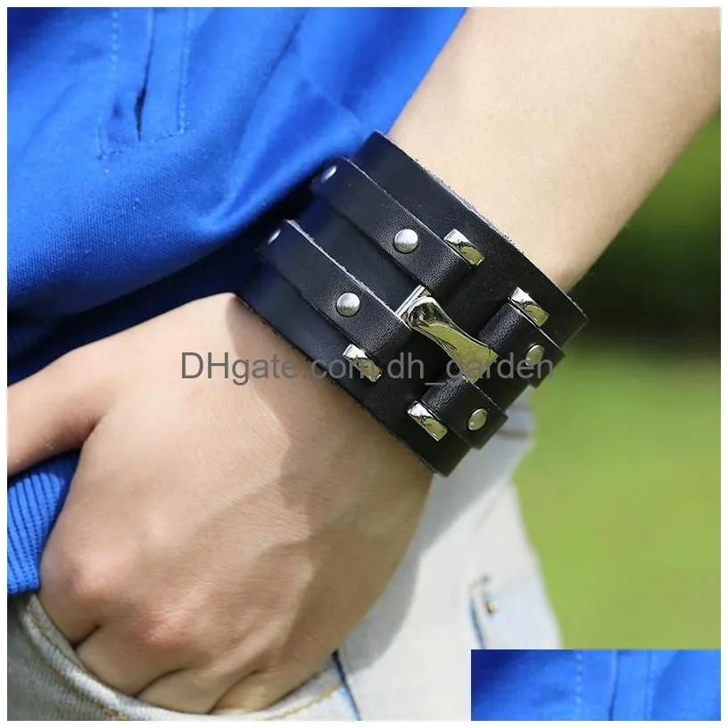 punk wide leather bangle cuff multilayer wrap button adjustable bracelet wristand for men women fashion jewelry black