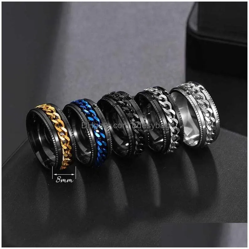 update stainless steel spin rotate chain rings band relieve pressure gold chains mens ring hip hop jewelry