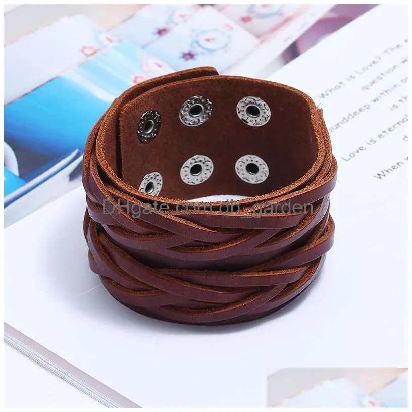 weave braid wide cross leather bangle cuff multilayer wrap button adjustable bracelet wristand for men women fashion jewelry black