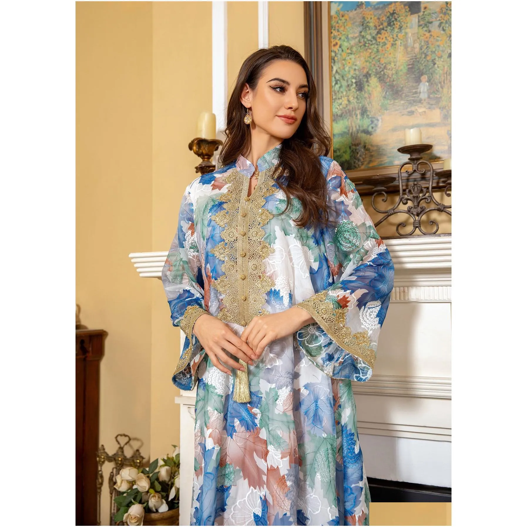 2024 spring modest floral printed arabian dubai dresses middle eastern women muslim robe long sleeve lace applique modest evening dress arabic gown for