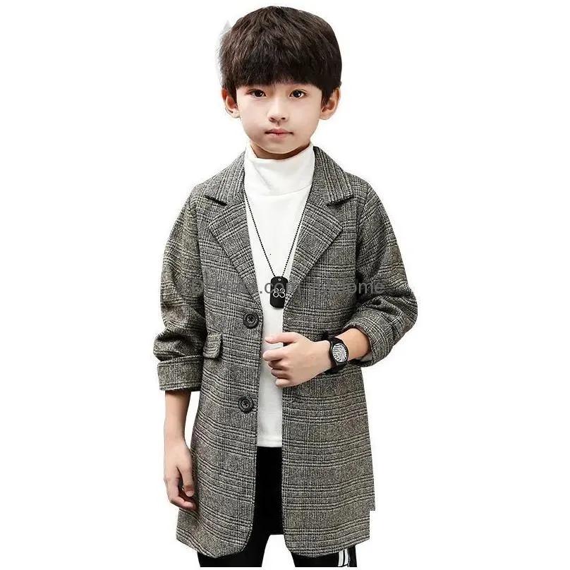 coat winter grid jackets boys woolen singlebreasted baby trench lapel autumn kids outerwear coats spring wool overcoat p05 230926