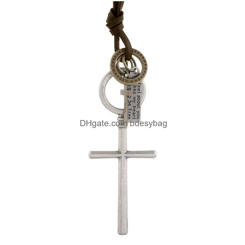 simple jesus cross pendant necklace ring id charm adjustable chain leather necklaces for women men punk fashion jewelry gift