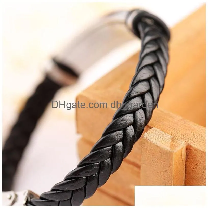stainless steel tag braid bracelet weave leather bracelet wristband bangle cuff charm bracelets fashion jewelry 320305