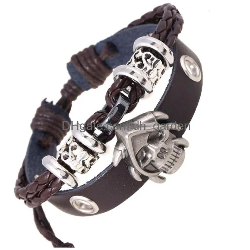 skull charm bracelet leather multilayer wrap bracelets bangle cuff wristband men punk fashion jewelry