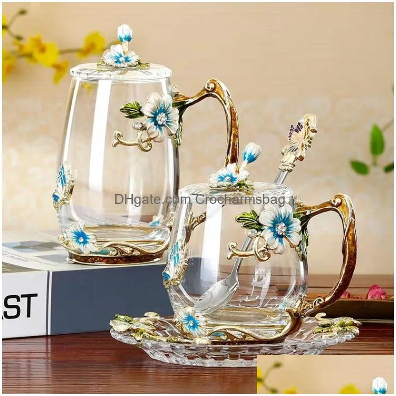 beauty and novelty enamel coffee cup mug flower tea glass s for and cold drinks spoon set perfect wedding gift 220311