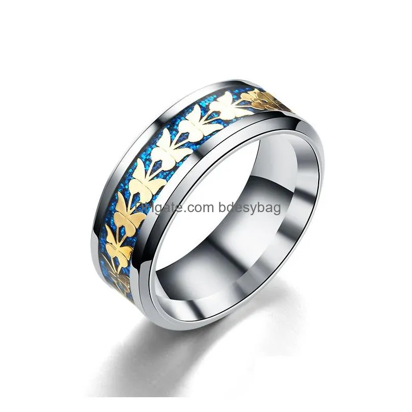 stainless steel butterfly rings band gold sequin ring engagement wedding women mens fashion hip hop jewelry drop ship