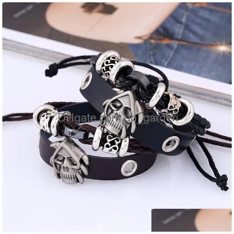 skull charm bracelet leather multilayer wrap bracelets bangle cuff wristband men punk fashion jewelry