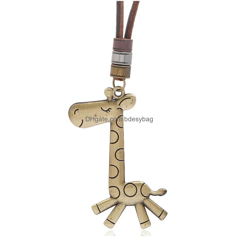 bronze animal giraffe necklace pendant adjustable chain leather necklaces for women men hip hop fashion jewelry gift