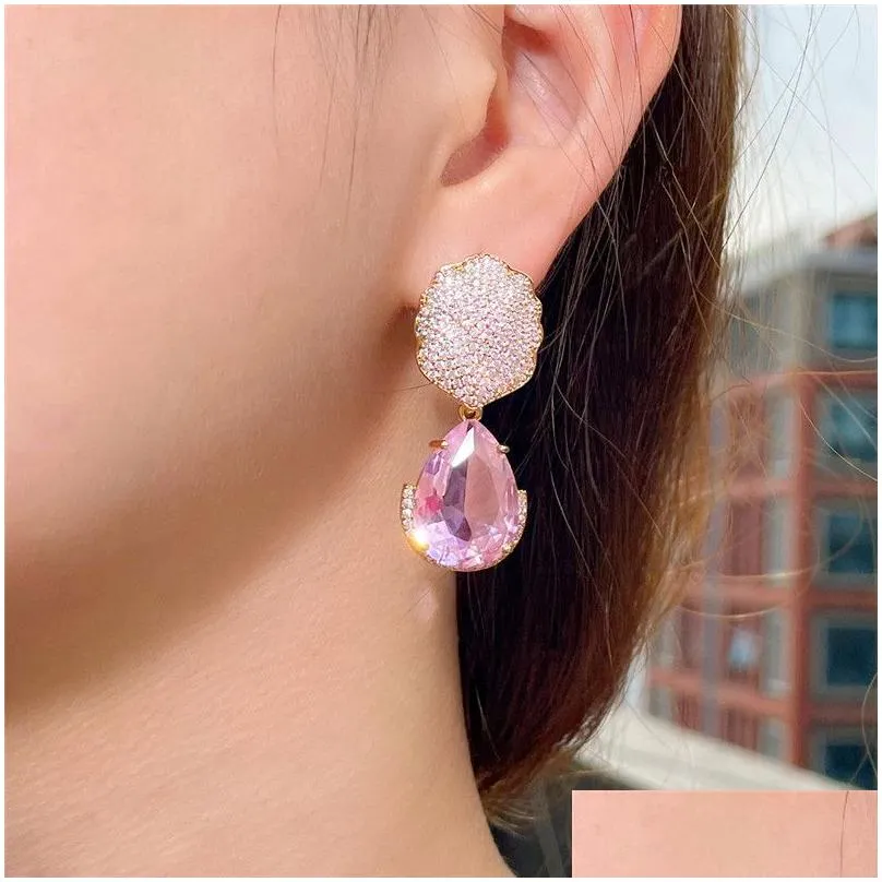 vintage bling crystal flower diamond earring designer for woman dancing party pink aaa cubic zirconia copper earrings womens engagement wedding luxury