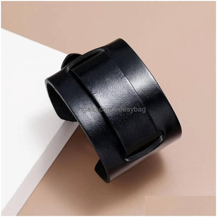 wide leather bangle cuff adjustable pin buckle bracelet wristand for men women fashion jewelry black
