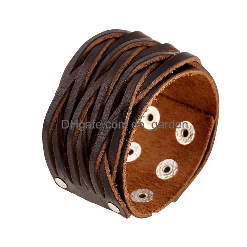 wide weae braid leather bangle cuff multilayer wrap button adjustable bracelet wristand for men women fashion jewelry black