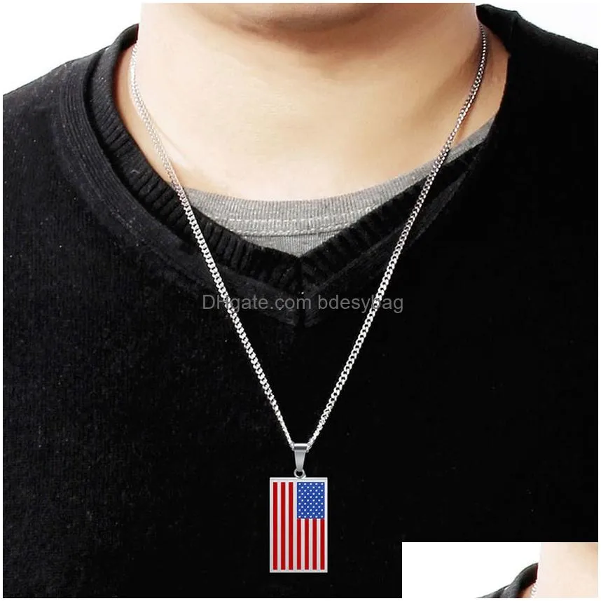 stainelss steel american national flag pendant necklace gold chains square tag necklaces for women men hip hop fashion jewelry will and