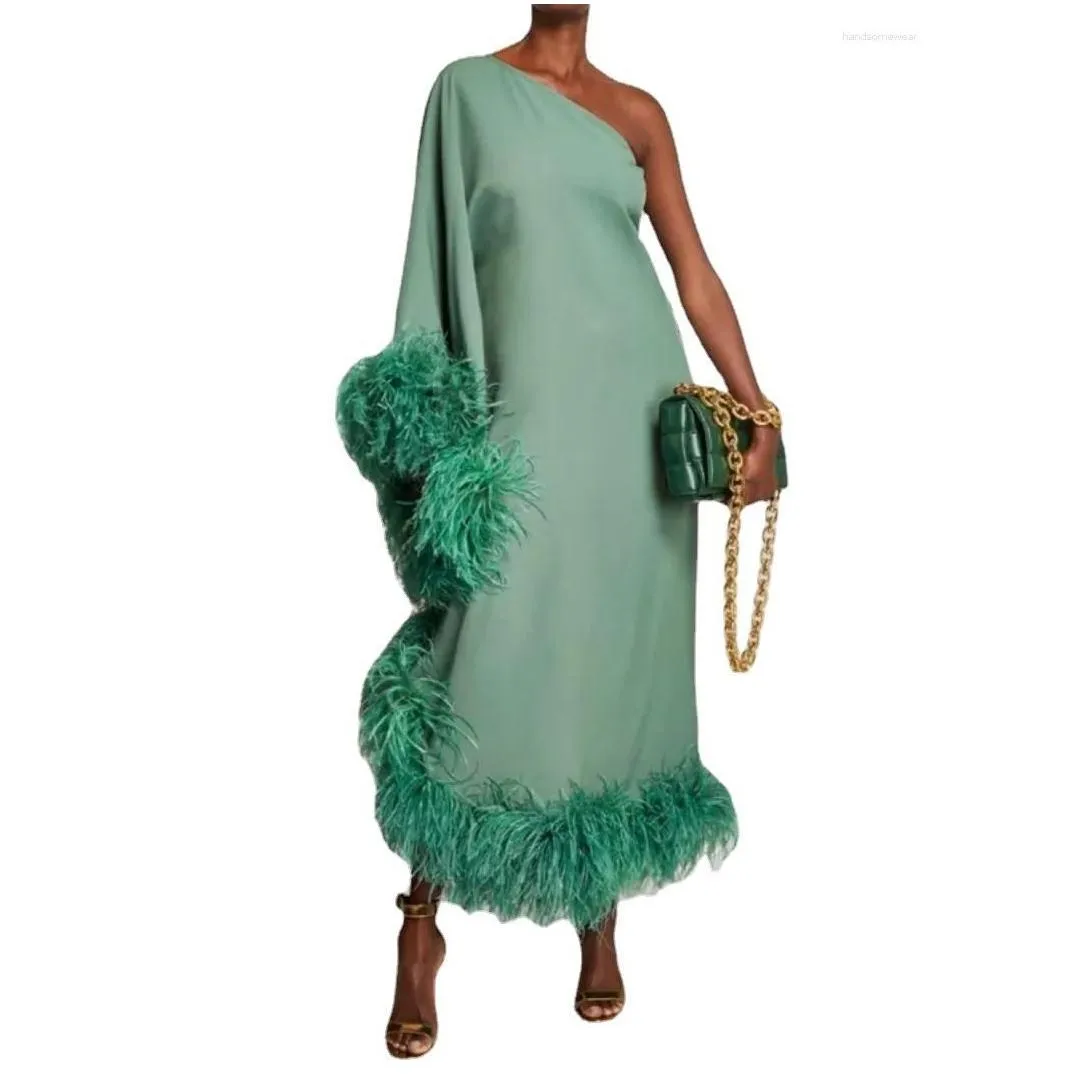 feather loose evening dress women one-shoulder long sleeve large swing evening dress solid color fashion dinner dress