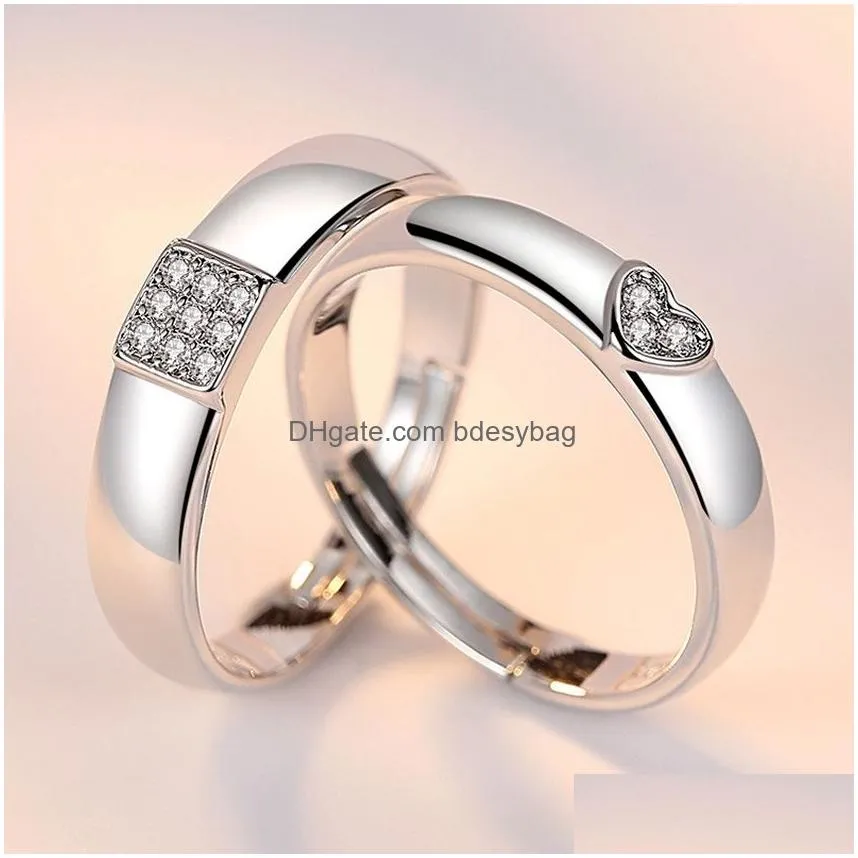 couple square heart diamond cluster rings crystal silver openable adjustable engagement wedding ring for wome men fashion jewelry