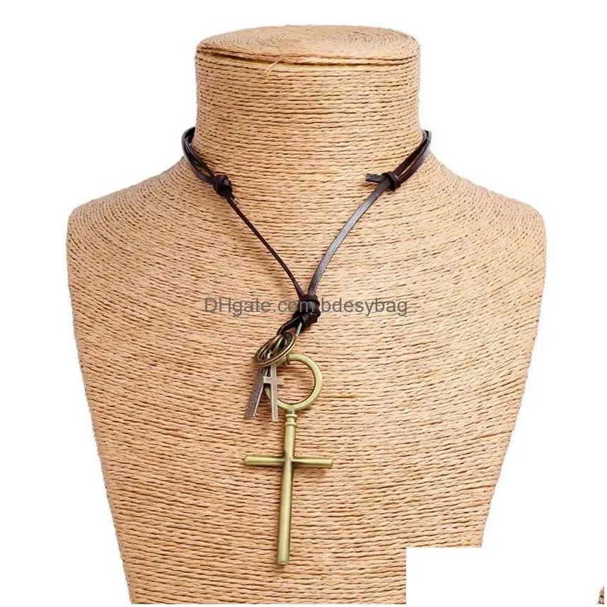 simple jesus cross pendant necklace ring id charm adjustable chain leather necklaces for women men punk fashion jewelry gift