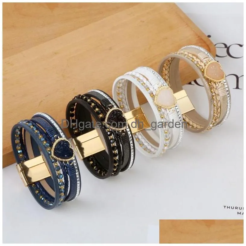 woman girls crystal heart hand woven leather bracelet with magnet buckle multilayer leather bracelets jewelry