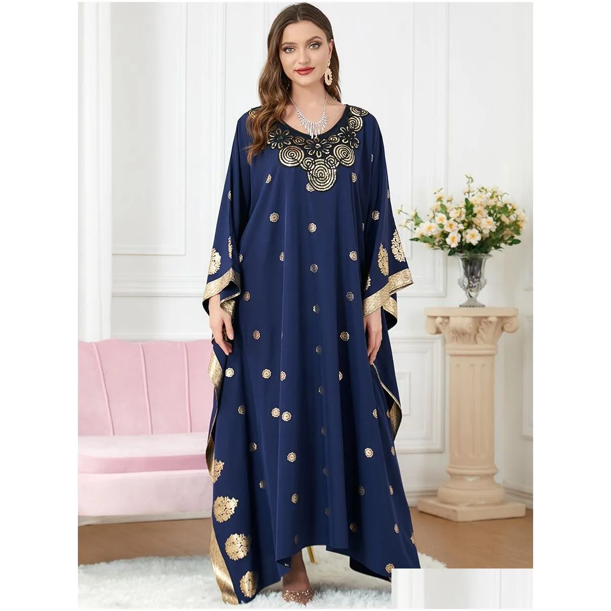 middle eastern muslim clothing women blue bronzing printed bat sleeve loose casual dress robe party abaya vestidos musulmanes moroccan kaftan