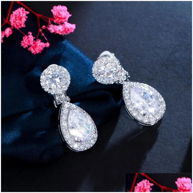 lady luxury silver clip ons earring designer for woman unpierced ear clips copper white aaa zirconia drop diamond womens wedding engagement dangle earrings