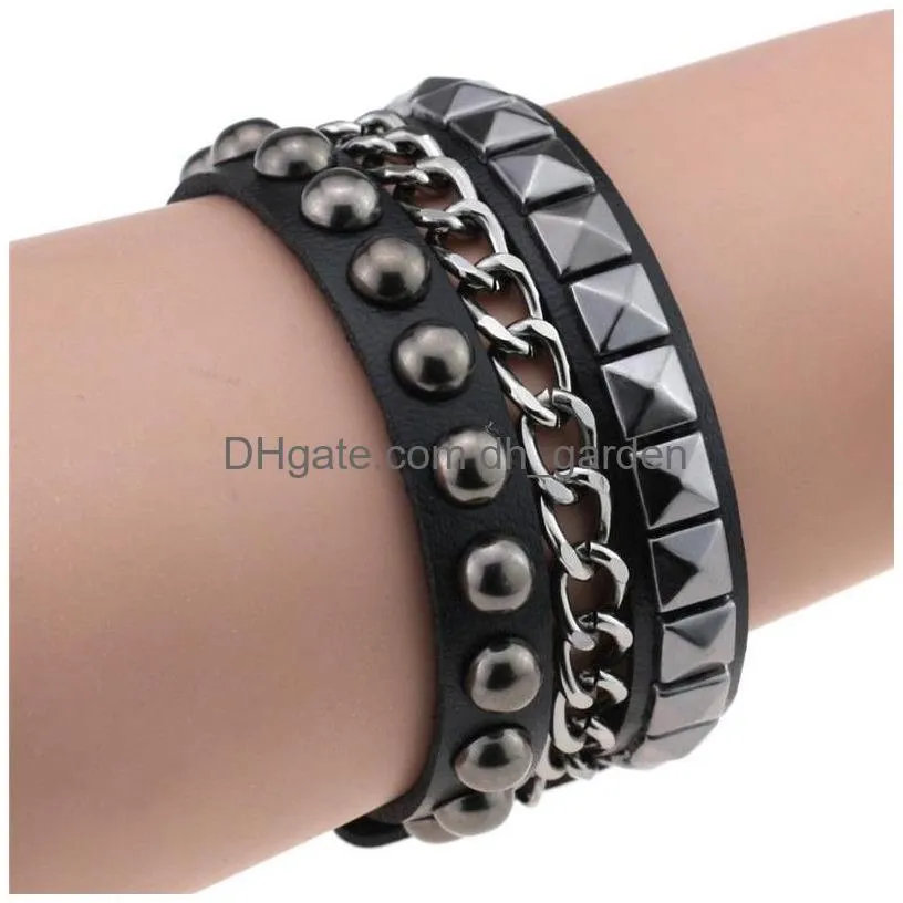 square rivet pu leather bracelet bangle cuff wrap wristband punk gothic snap button multilayer bracelets wristband hip hop fashion