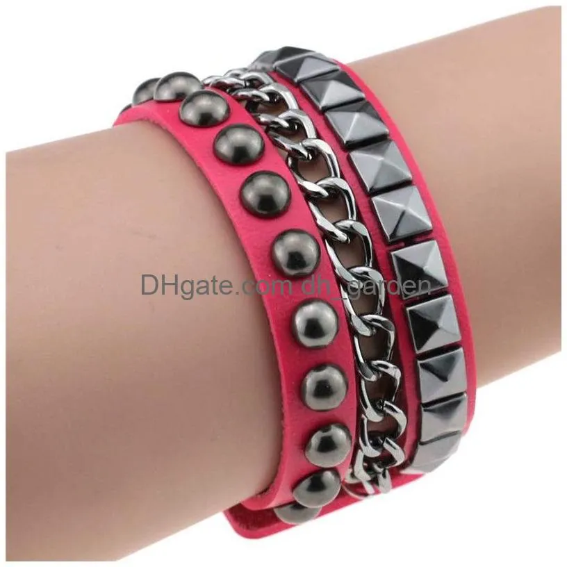 square rivet pu leather bracelet bangle cuff wrap wristband punk gothic snap button multilayer bracelets wristband hip hop fashion