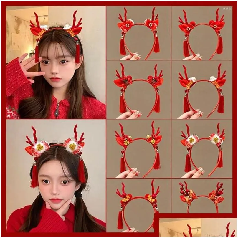 hair accessories dragon horn 2024 happy year headband tassel hairpin red bow chinese style hairband