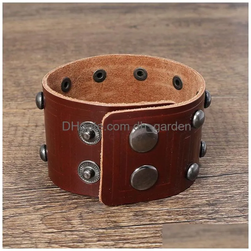 punk rivet wide leather bangle cuff wrap button adjustable bracelet wristand for men women fashion jewelry