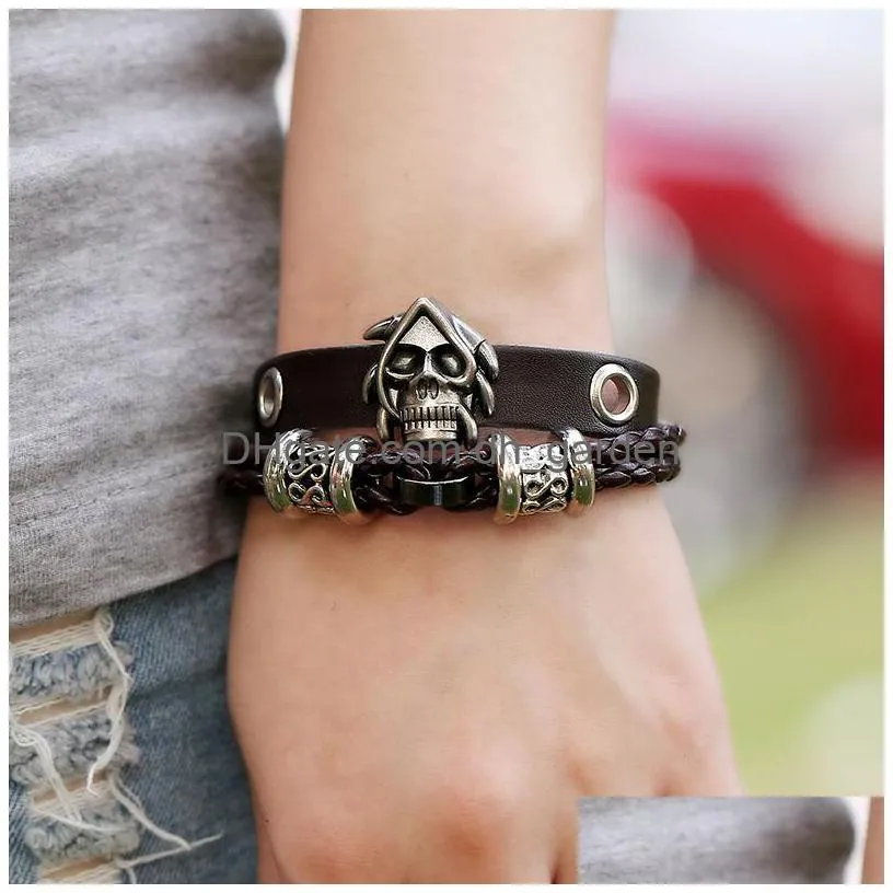 skull charm bracelet leather multilayer wrap bracelets bangle cuff wristband men punk fashion jewelry