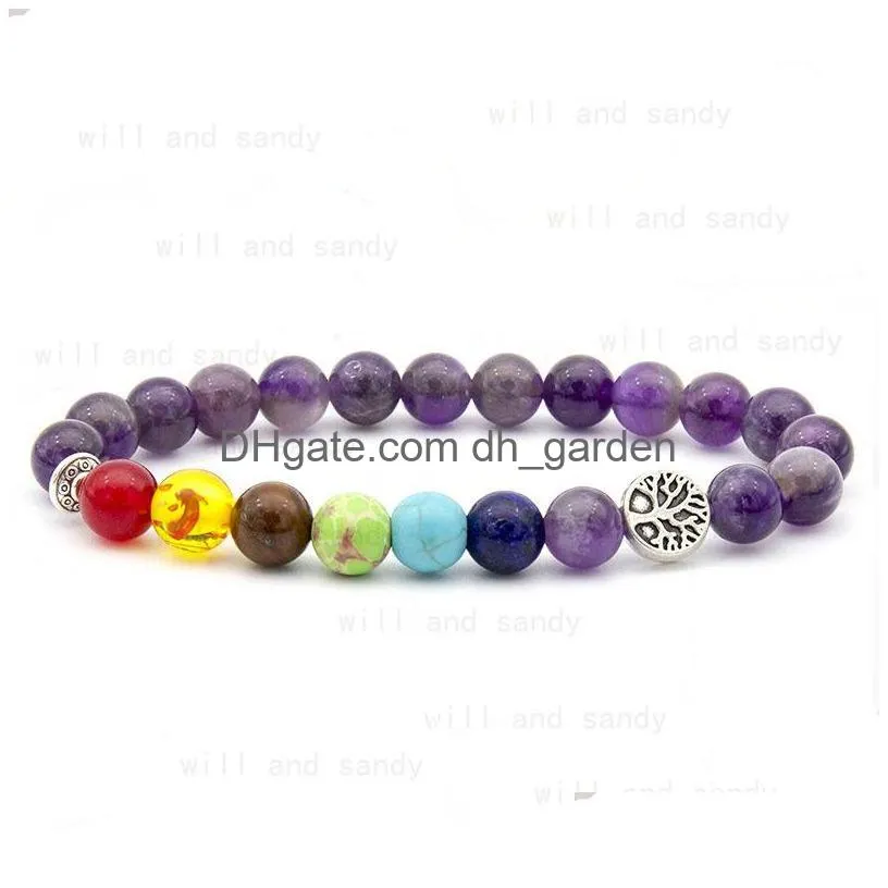 yoga 7 chakra healing stone bead bracelet strand tree of life charm amethyst tiger eye stone bracelets for women men fashion jewelry