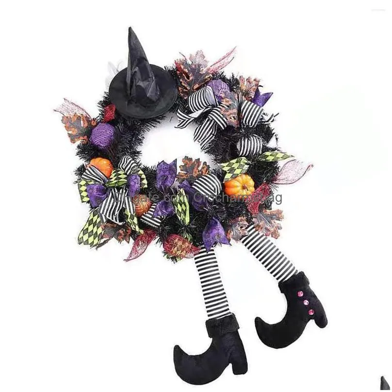 decorative flowers halloween hanging window witches wreath haunted house decoration with legs hat decor for festival party