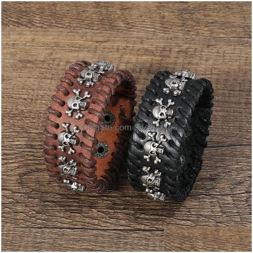 retro  skull bracelets leather bangle cuff button adjustable multilayer wrap bracelet wristand for men women will and sandy fashion