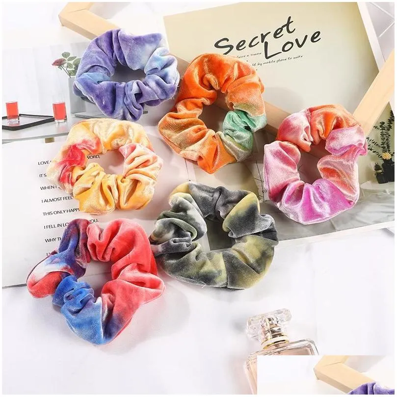 9 colors ins velvet hair scrunchies tie dye hair band stretchy rainbow hairbands women loop holder girls hair accessories