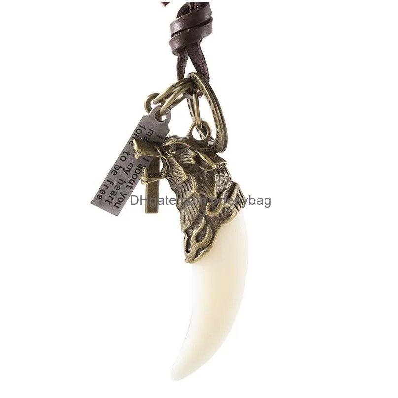 bronze animal tooth necklace wolf retro letter id cross charm adjustable leather chain necklaces for women men hip hop fashion jewelry